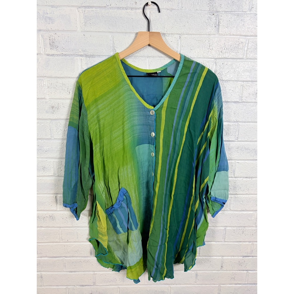 Iguana Abstract Stripe Top Womens 1X Green Blue Button Front Lettuce Hem Tunic